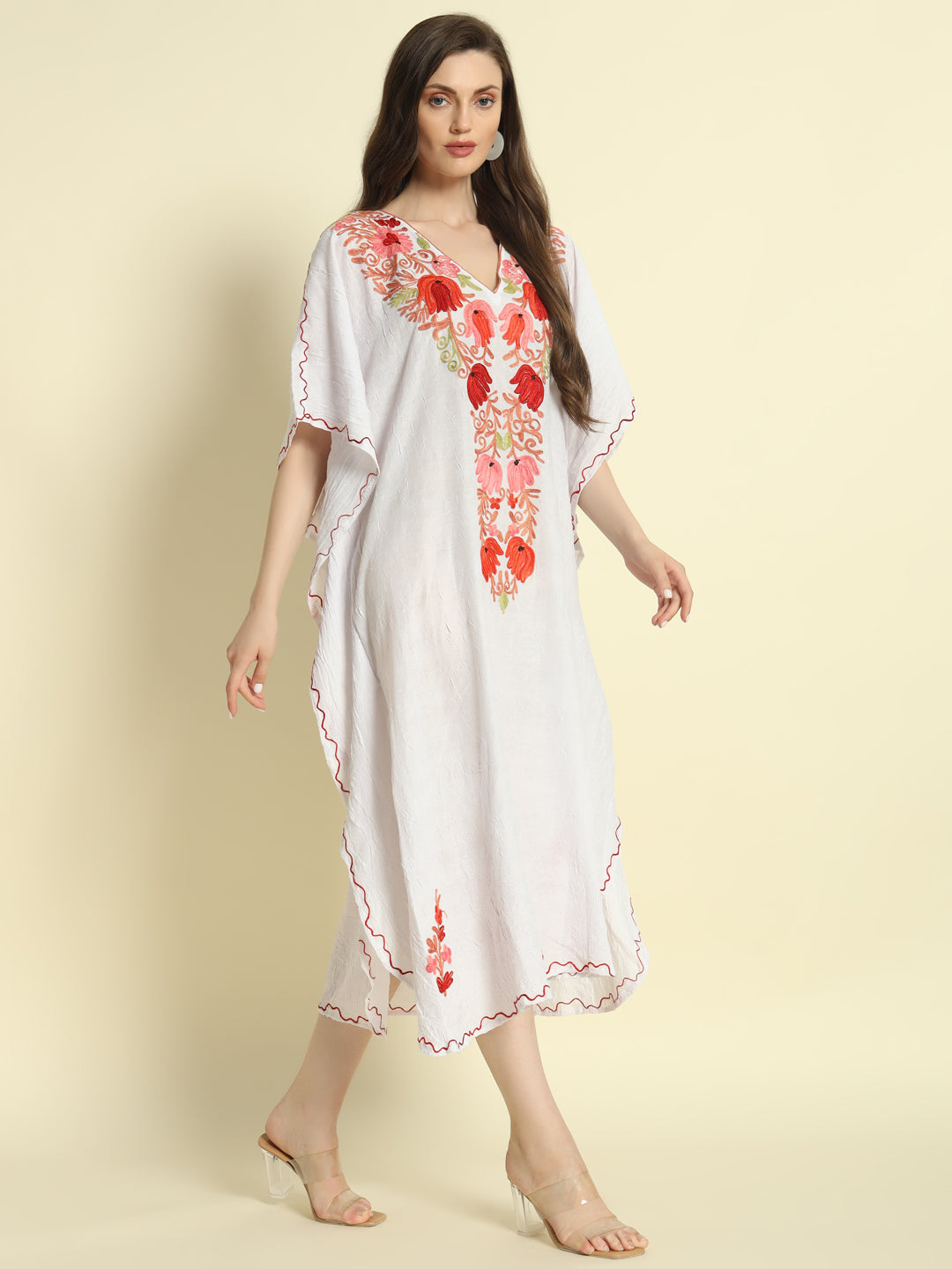 White Cotton Kaftan with Red and Pink Floral Embroidery – THE DAL SERIES