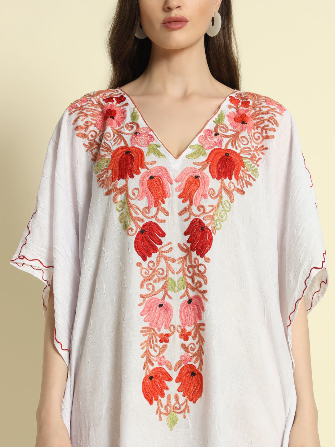 White Cotton Kaftan with Red and Pink Floral Embroidery – THE DAL SERIES