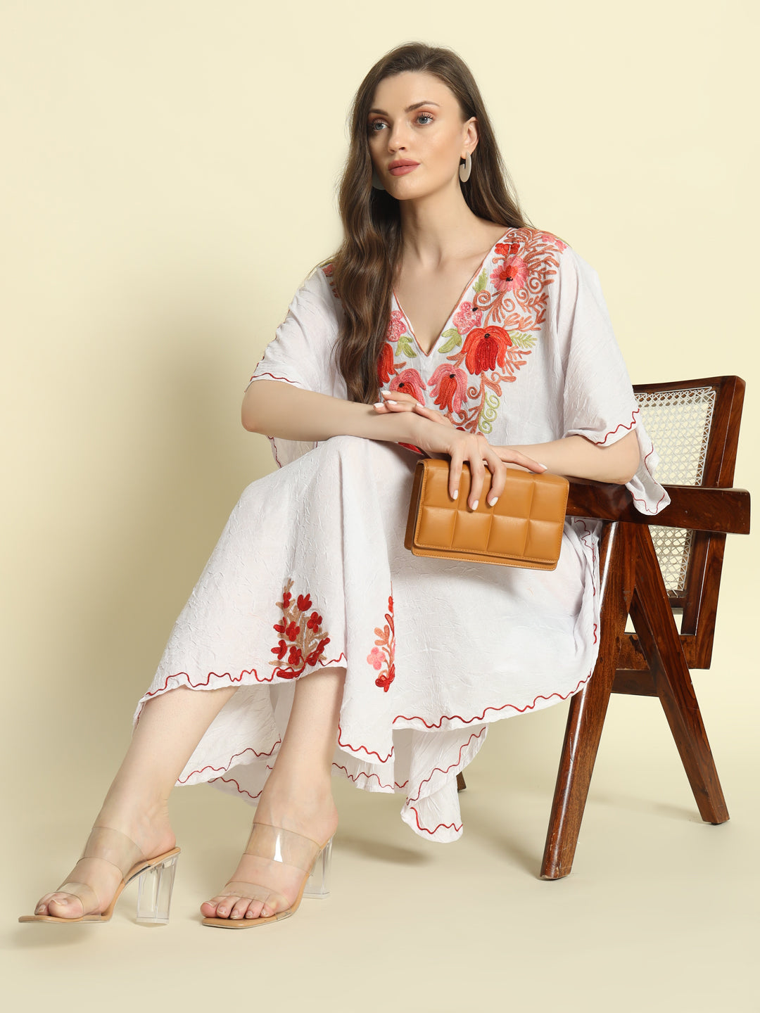 White Cotton Kaftan with Red and Pink Floral Embroidery – THE DAL SERIES