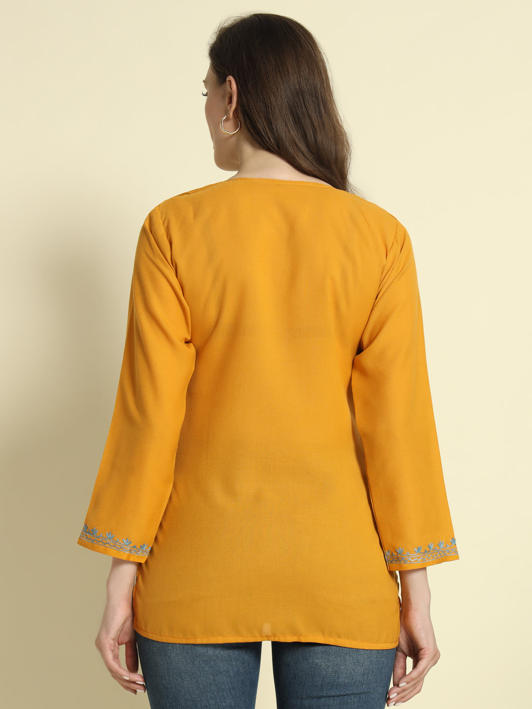 Mustard Cotton Kurti with Teal and Blue Embroidery – THE DAL SERIES