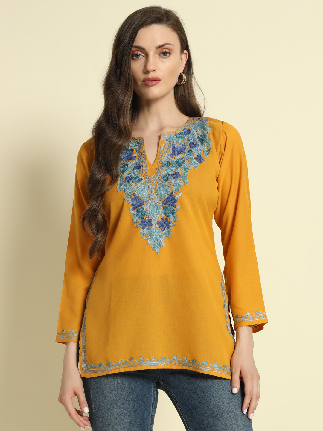 Mustard Cotton Kurti with Teal and Blue Embroidery – THE DAL SERIES
