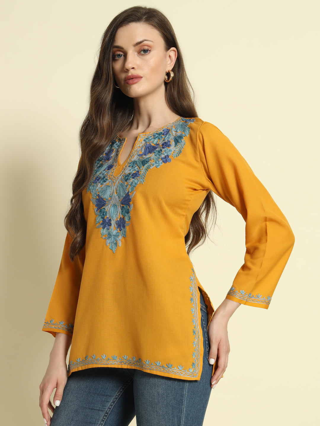 Mustard Cotton Kurti with Teal and Blue Embroidery – THE DAL SERIES