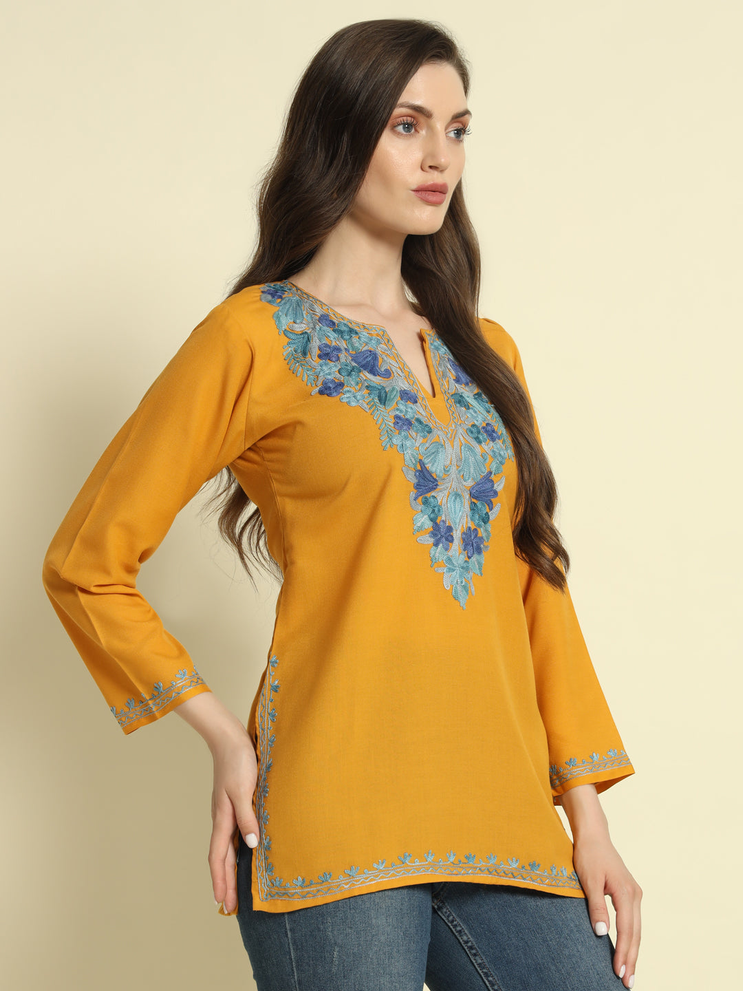 Mustard Cotton Kurti with Teal and Blue Embroidery – THE DAL SERIES