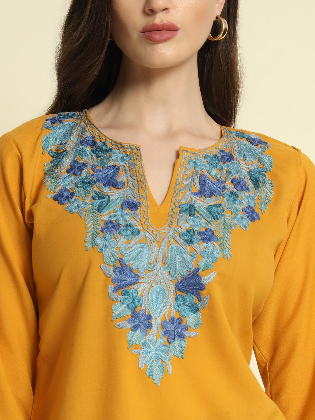 Mustard Cotton Kurti with Teal and Blue Embroidery – THE DAL SERIES