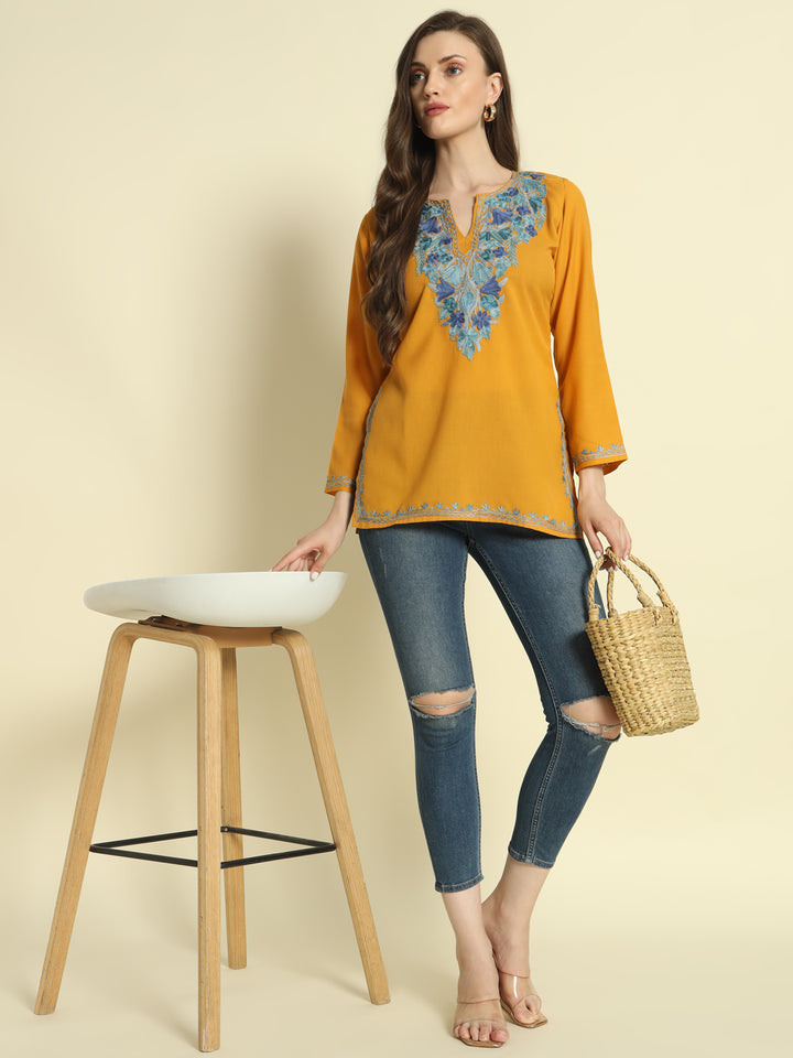 Mustard Cotton Kurti with Teal and Blue Embroidery – THE DAL SERIES