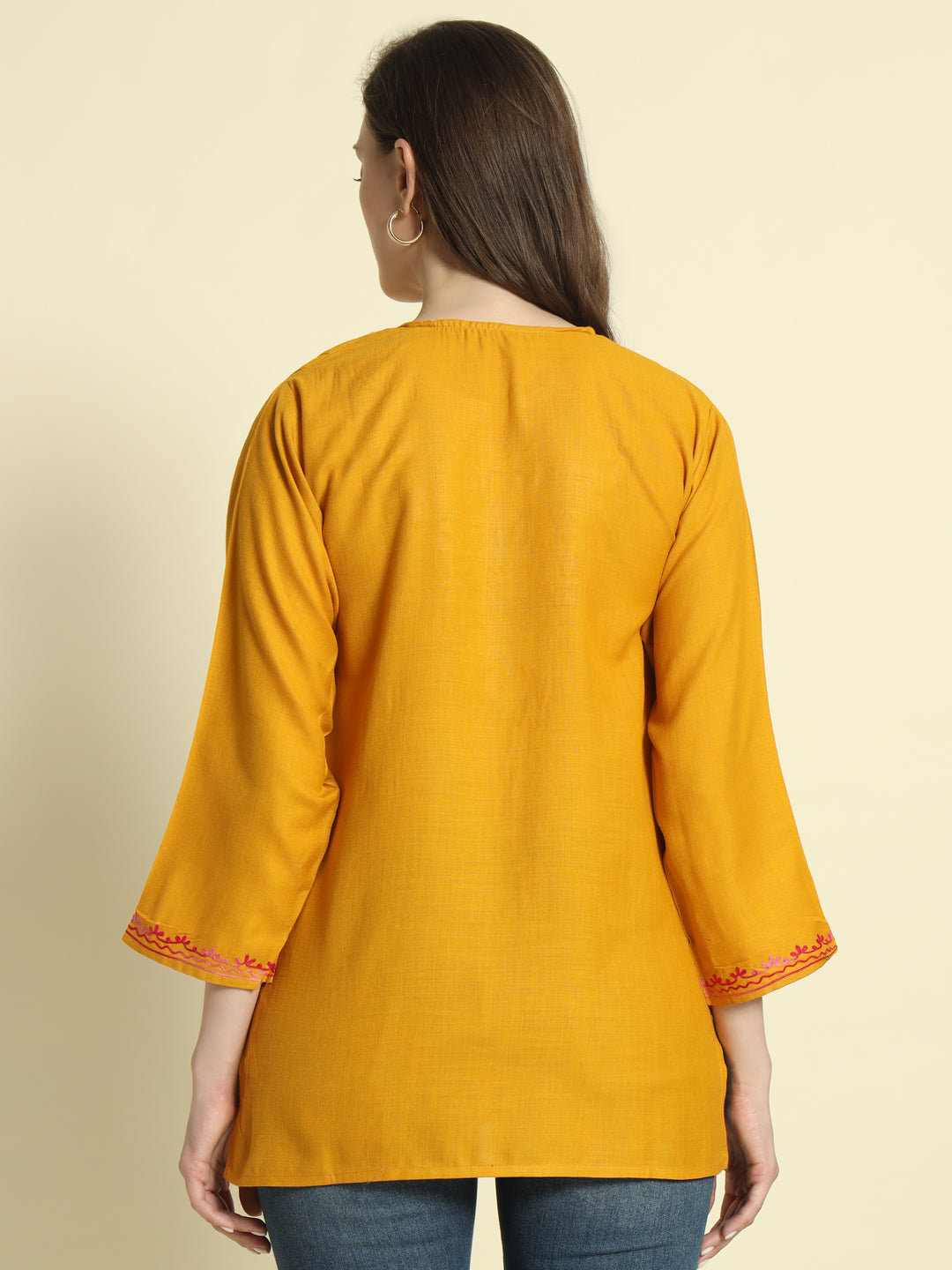 Mustard Cotton Kurti with Pink and Lavender Embroidery – THE DAL SERIES