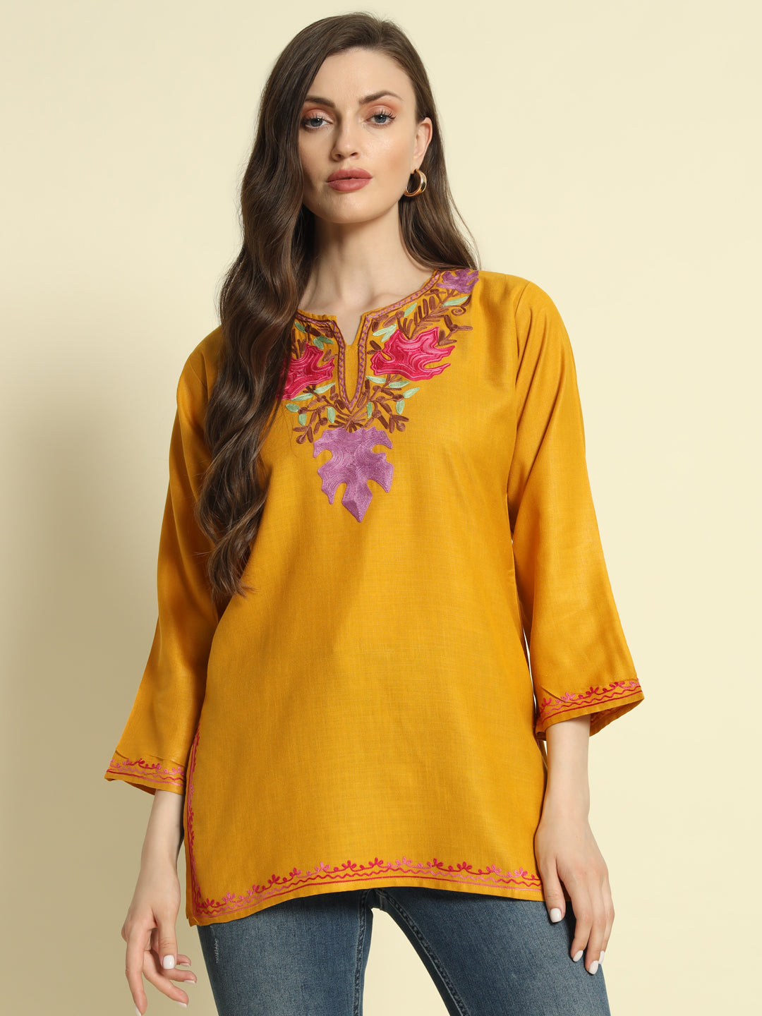 Mustard Cotton Kurti with Pink and Lavender Embroidery – THE DAL SERIES