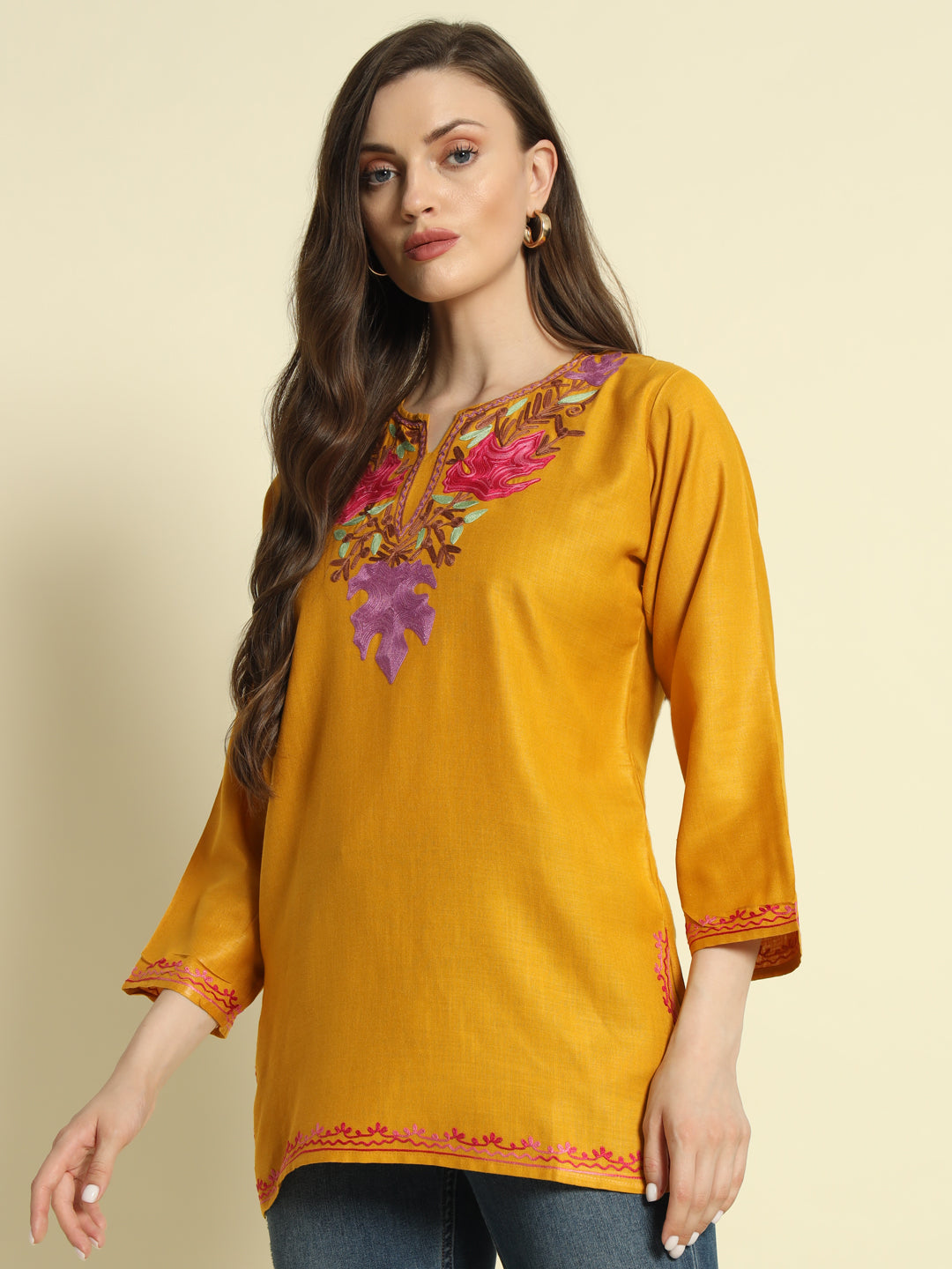 Mustard Cotton Kurti with Pink and Lavender Embroidery – THE DAL SERIES