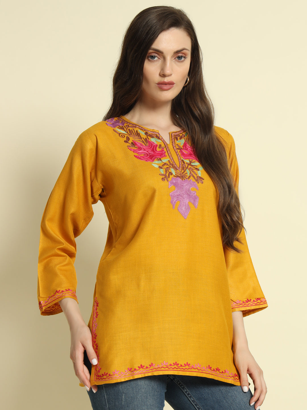 Mustard Cotton Kurti with Pink and Lavender Embroidery – THE DAL SERIES