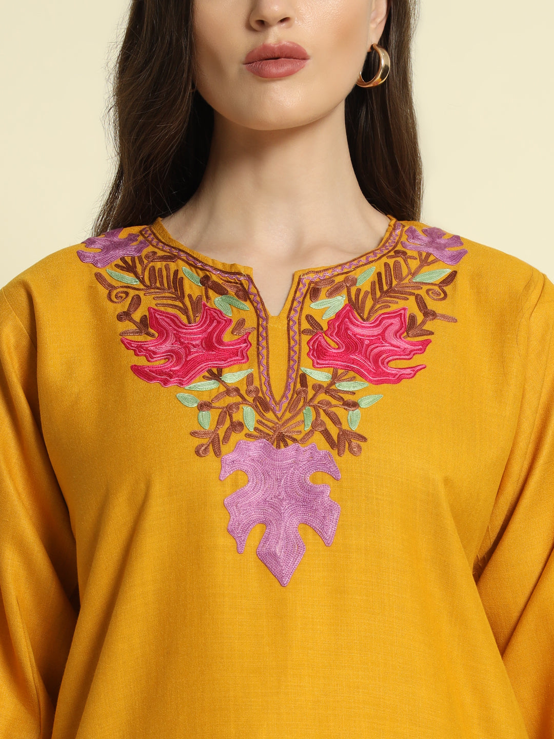 Mustard Cotton Kurti with Pink and Lavender Embroidery – THE DAL SERIES