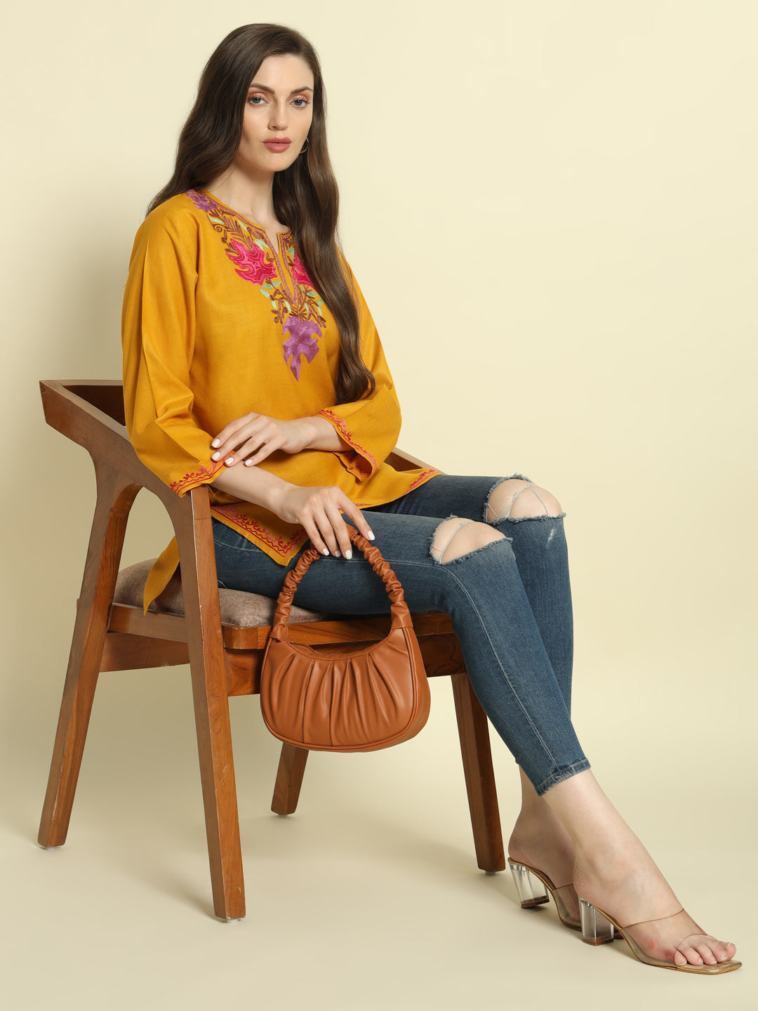 Mustard Cotton Kurti with Pink and Lavender Embroidery – THE DAL SERIES