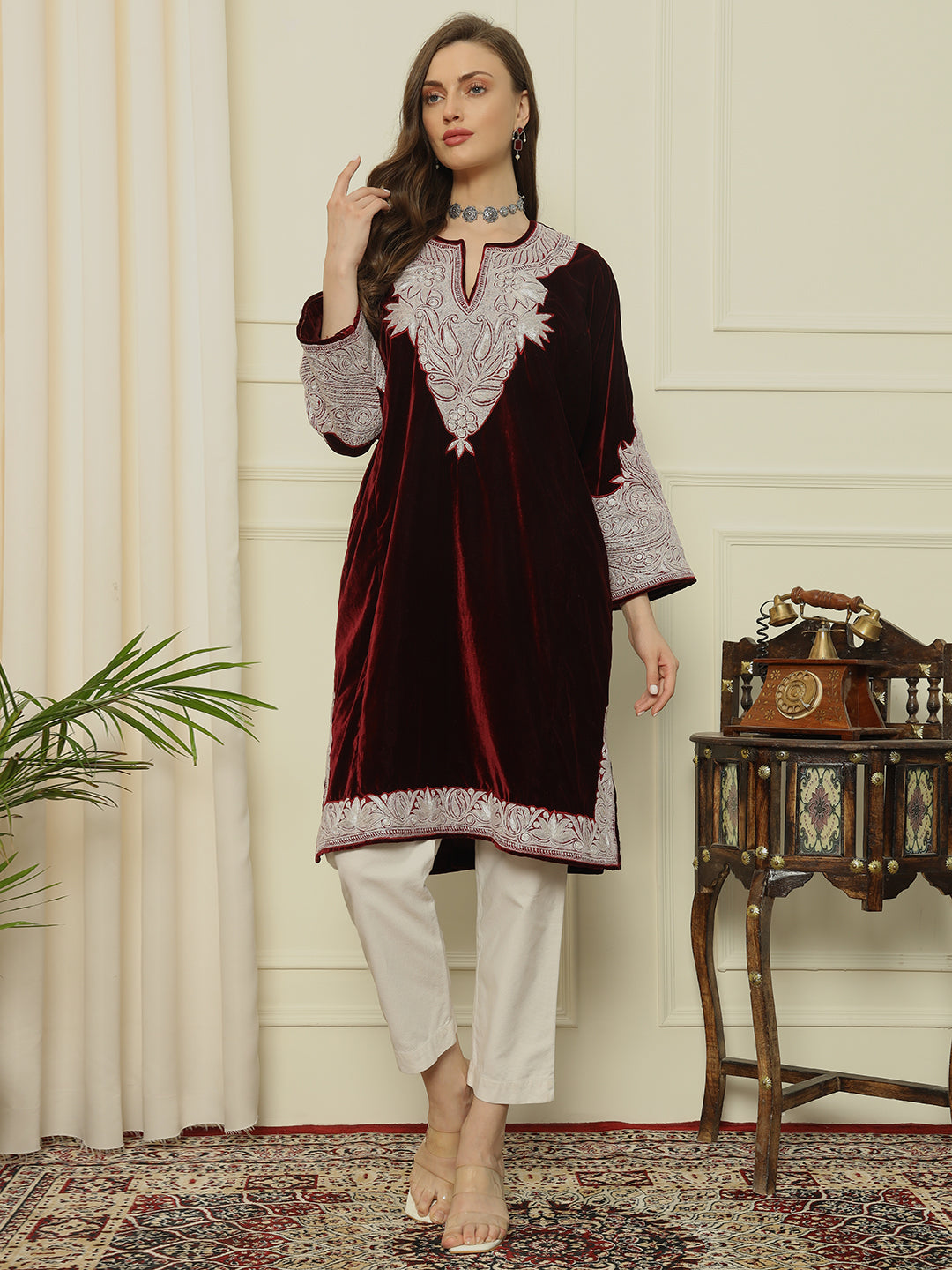 Gulmarg Series: Scarlet Luxe Maroon Velvet Tilla Pheran