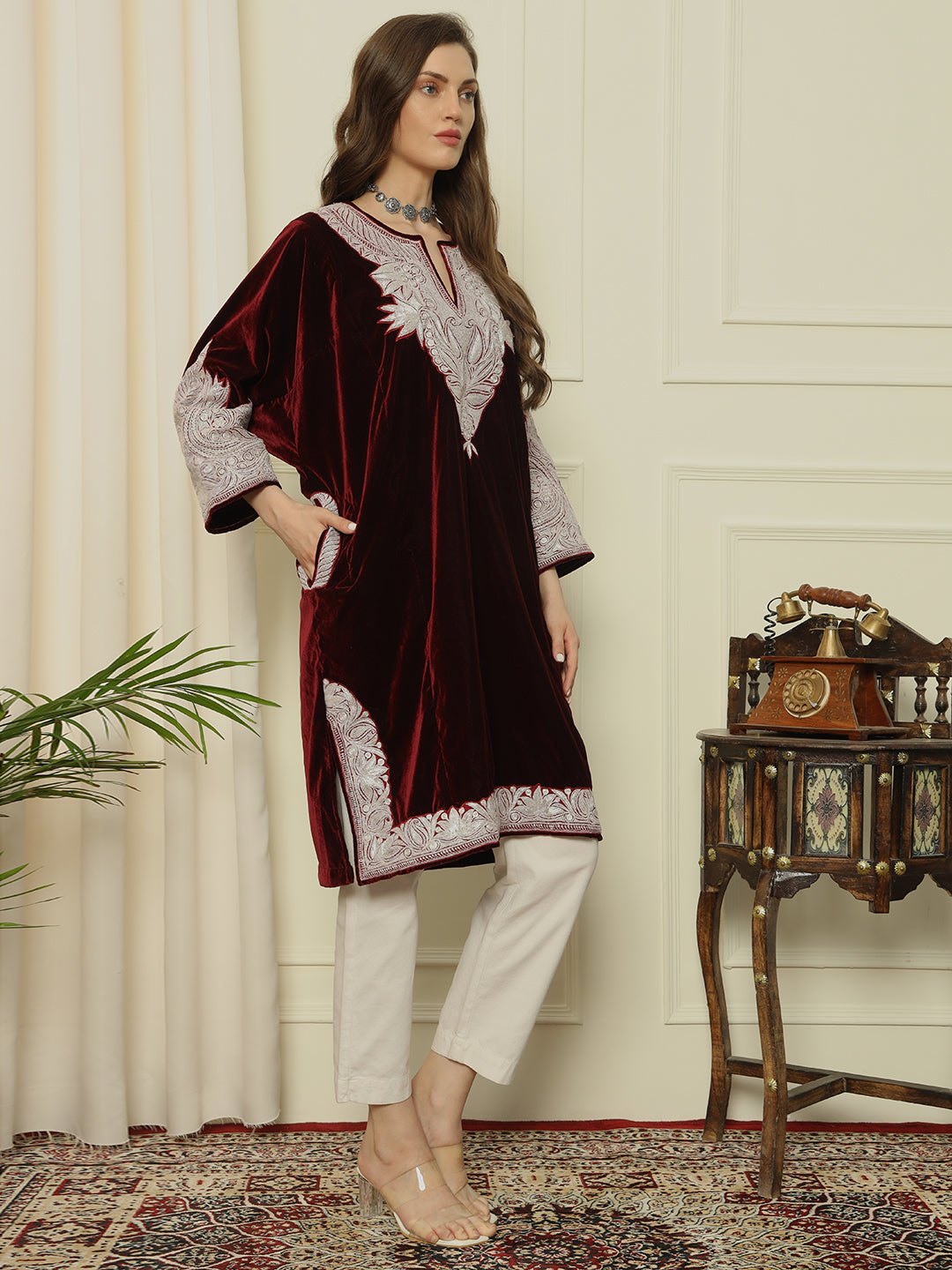 Gulmarg Series: Scarlet Luxe Maroon Velvet Tilla Pheran