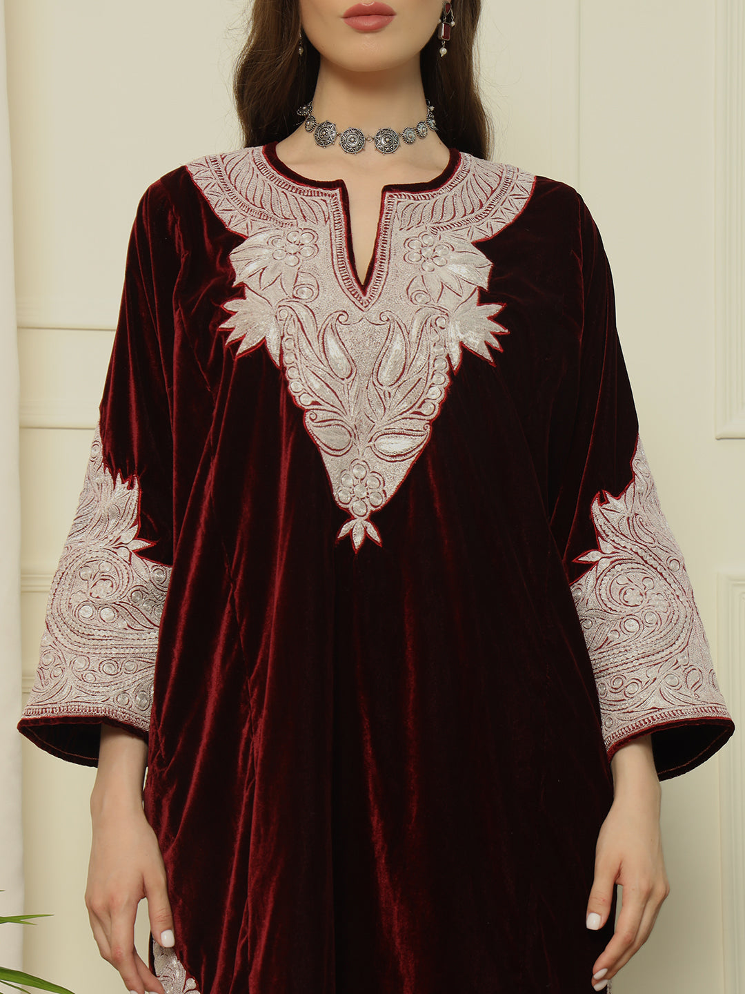 Gulmarg Series: Scarlet Luxe Maroon Velvet Tilla Pheran