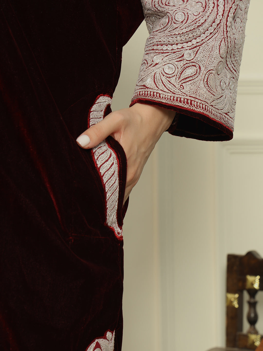 Gulmarg Series: Scarlet Luxe Maroon Velvet Tilla Pheran