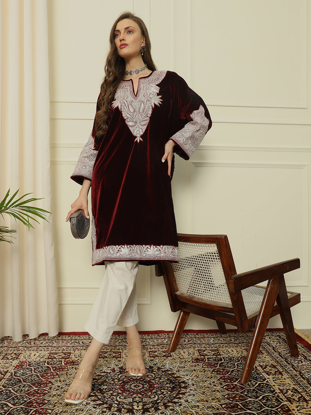 Gulmarg Series: Scarlet Luxe Maroon Velvet Tilla Pheran