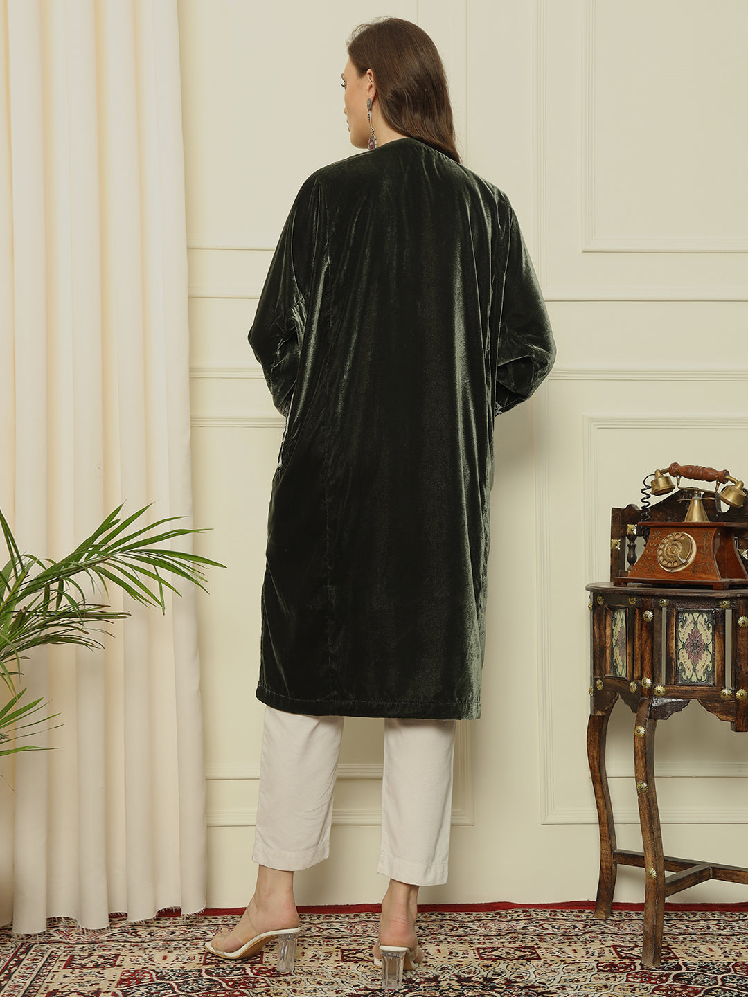 Gulmarg Series: Forest Luxe Emerald Green Velvet Tila Pheran