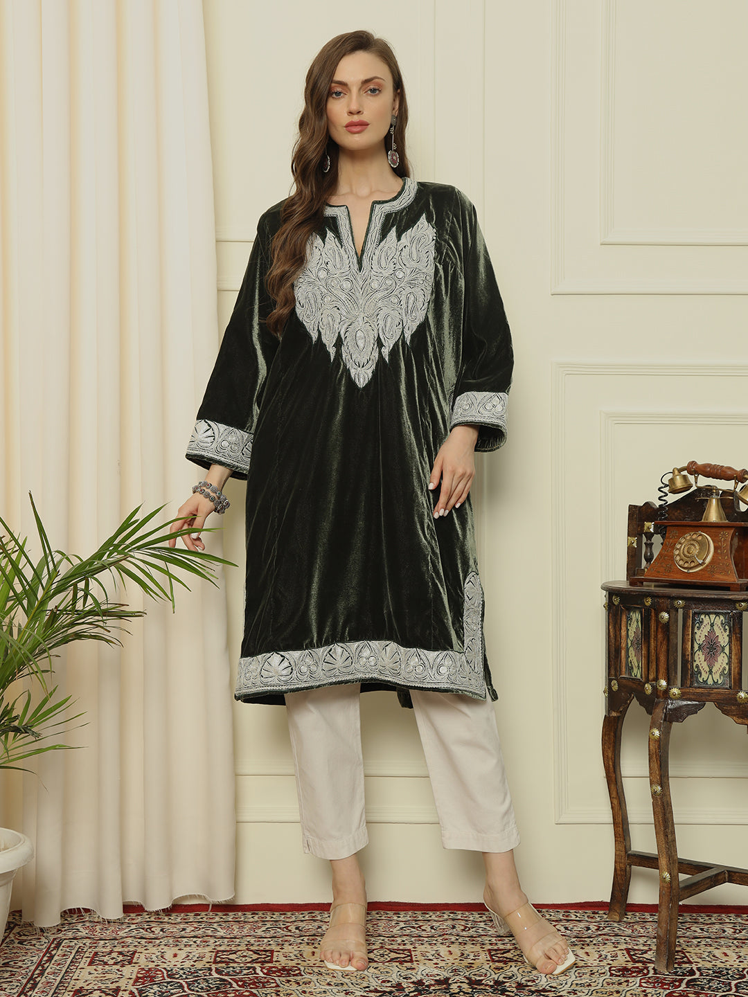 Gulmarg Series: Forest Luxe Emerald Green Velvet Tila Pheran