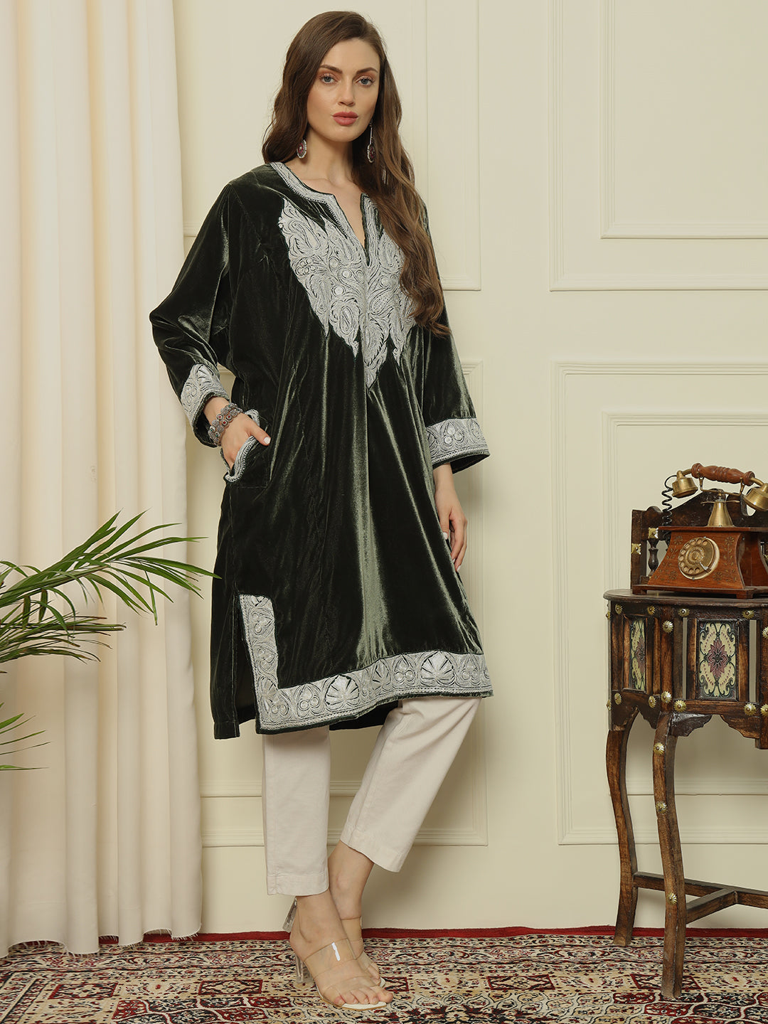 Gulmarg Series: Forest Luxe Emerald Green Velvet Tila Pheran