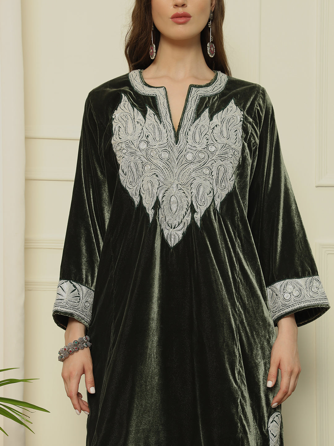 Gulmarg Series: Forest Luxe Emerald Green Velvet Tila Pheran