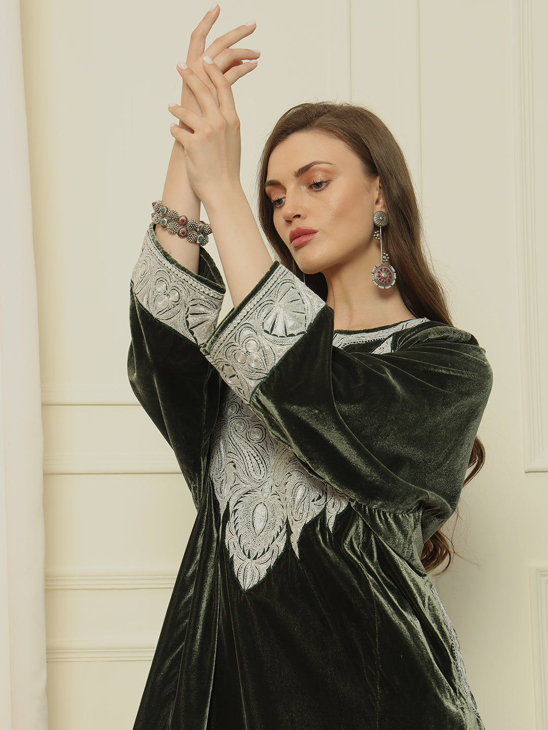 Gulmarg Series: Forest Luxe Emerald Green Velvet Tila Pheran