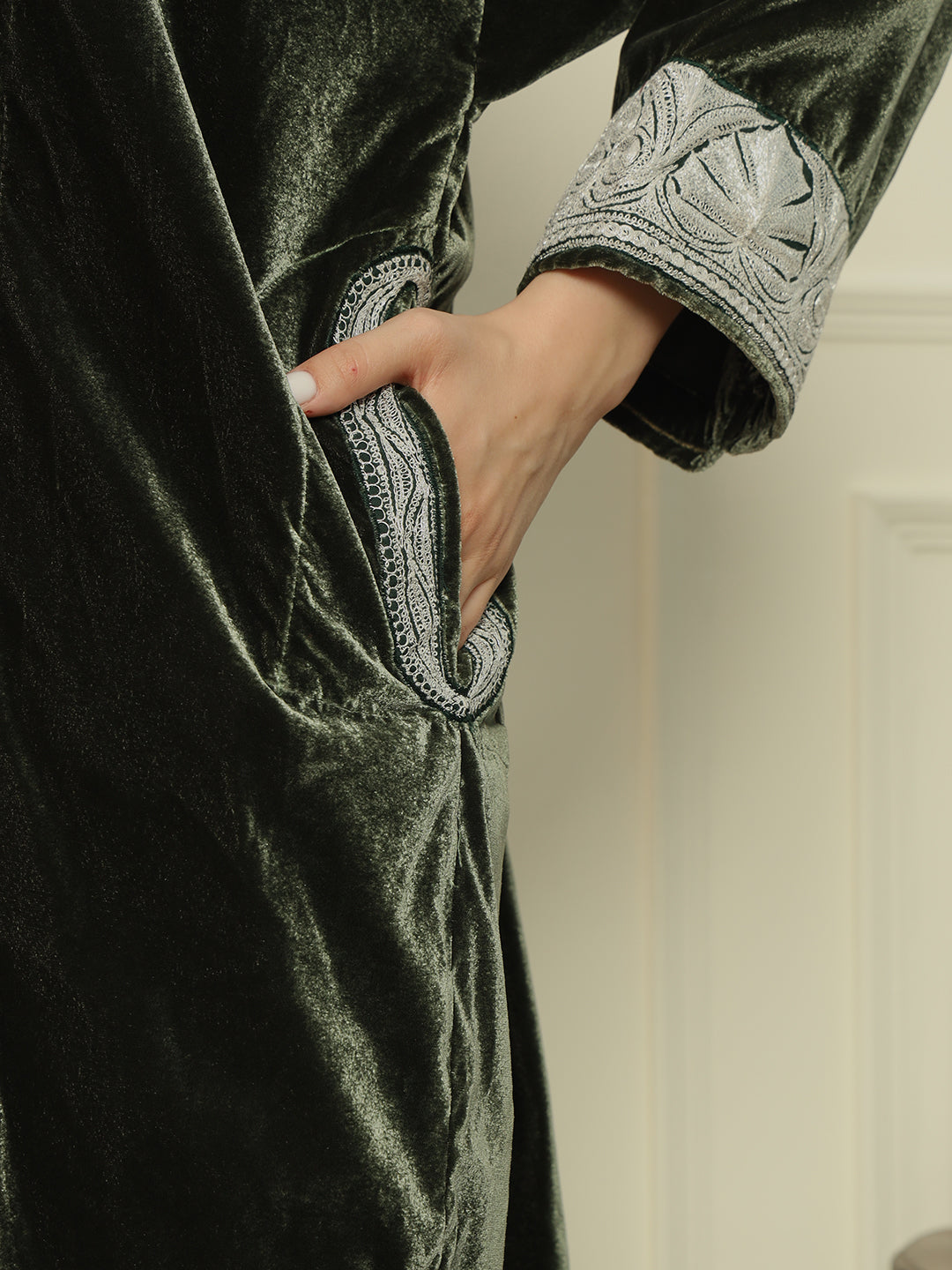 Gulmarg Series: Forest Luxe Emerald Green Velvet Tila Pheran