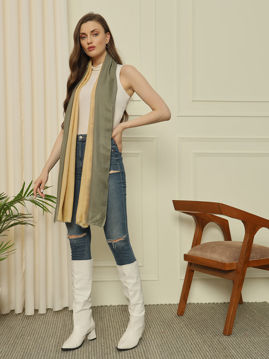 Gulmarg Series: Beige Olive Tiedye Pure Turma Wool Stole