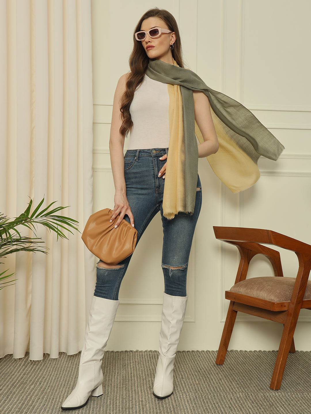 Gulmarg Series: Beige Olive Tiedye Pure Turma Wool Stole