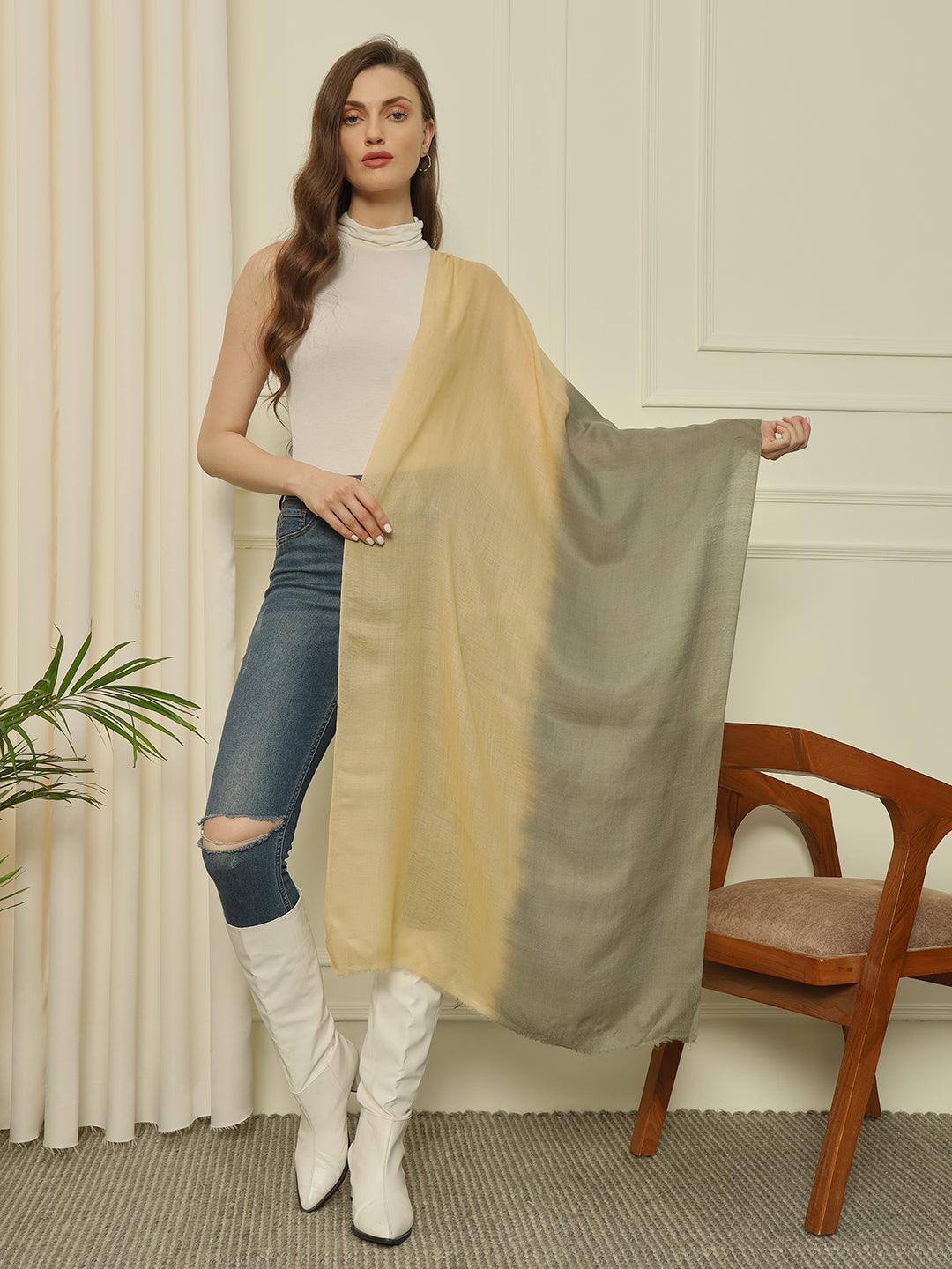 Gulmarg Series: Beige Olive Tiedye Pure Turma Wool Stole