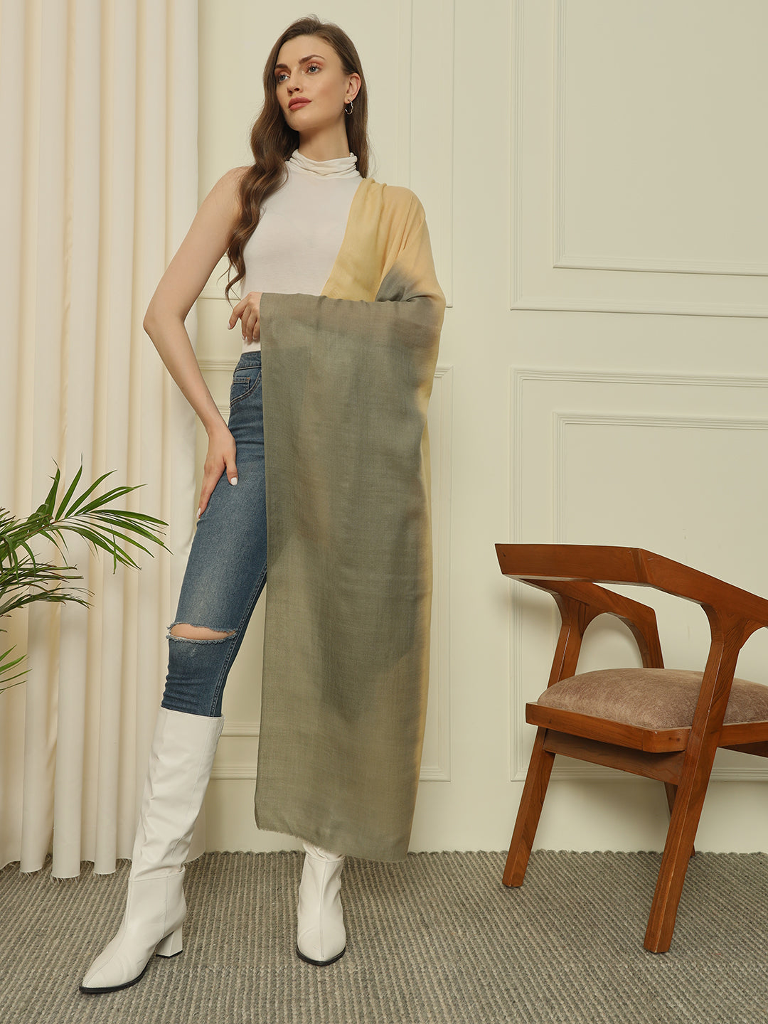 Gulmarg Series: Beige Olive Tiedye Pure Turma Wool Stole