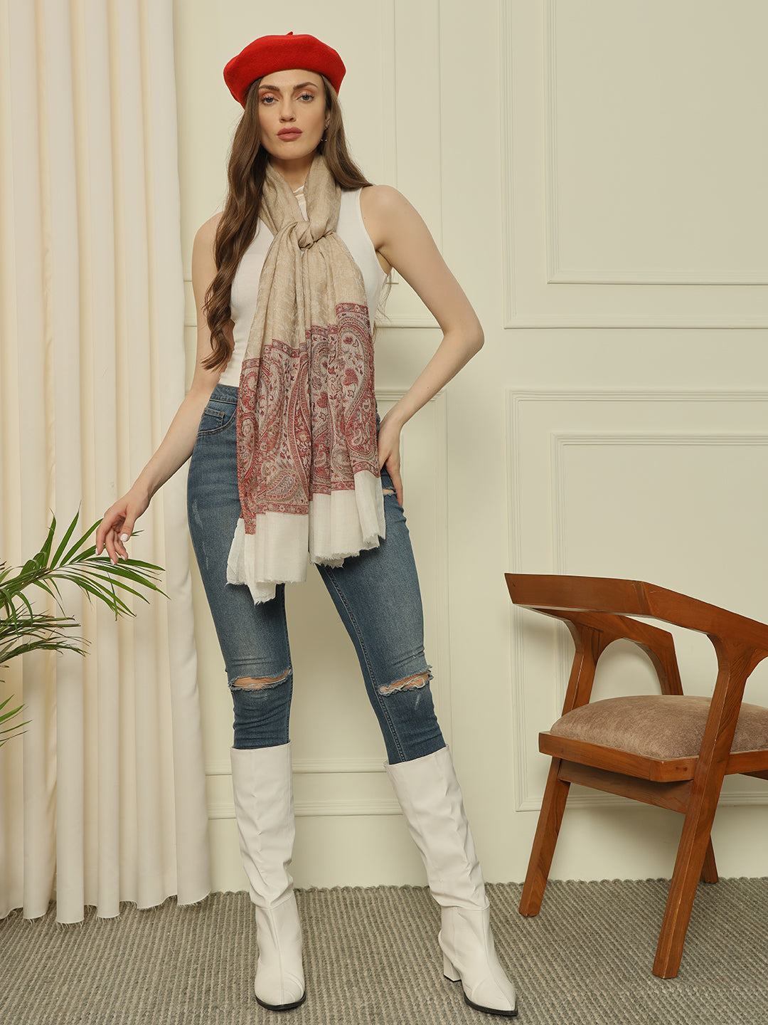 Gulmarg Series:  Sand Beige Super Wool Palladar jacquard Stole