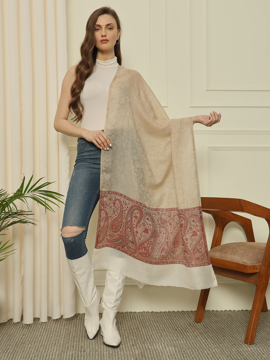 Gulmarg Series:  Sand Beige Super Wool Palladar jacquard Stole