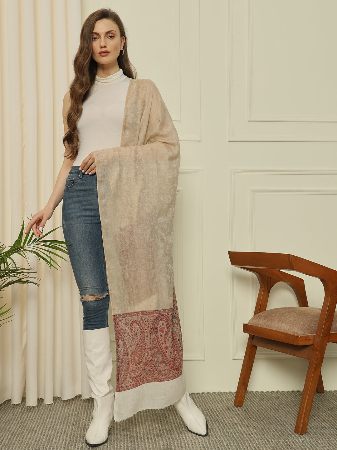 Gulmarg Series:  Sand Beige Super Wool Palladar jacquard Stole