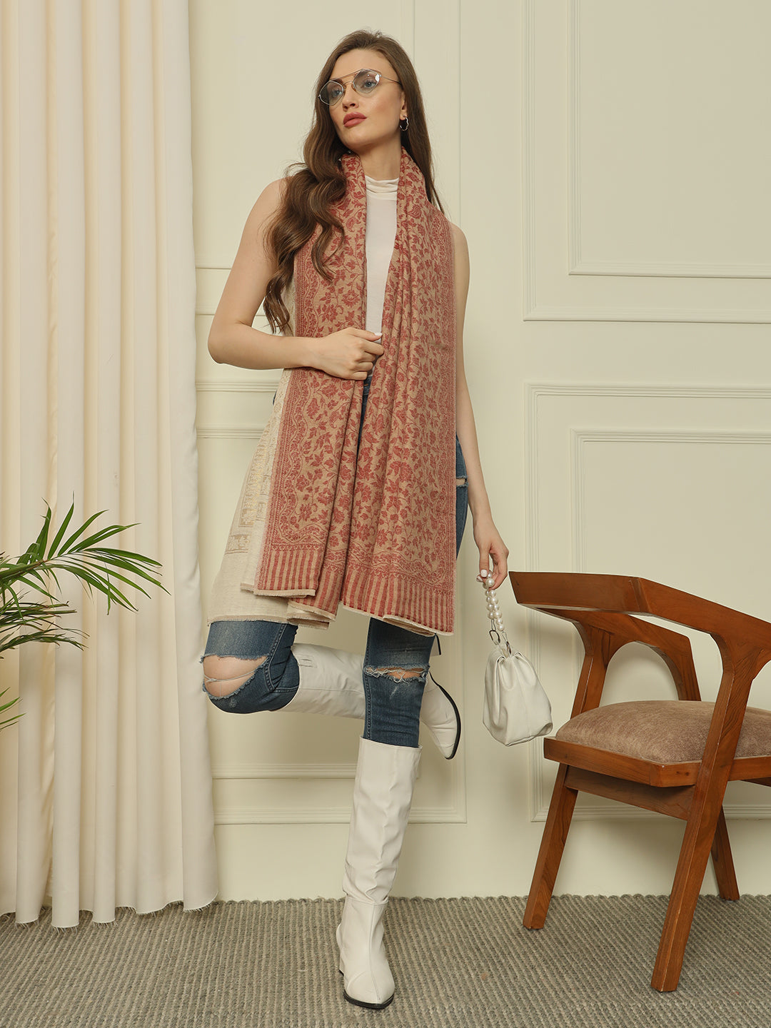 Gulmarg Series: Golden Red Reversible Super Wool Zari Shawl