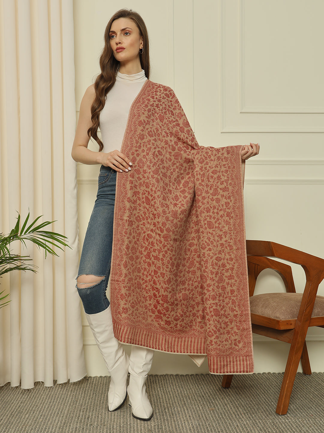 Gulmarg Series: Golden Red Reversible Super Wool Zari Shawl