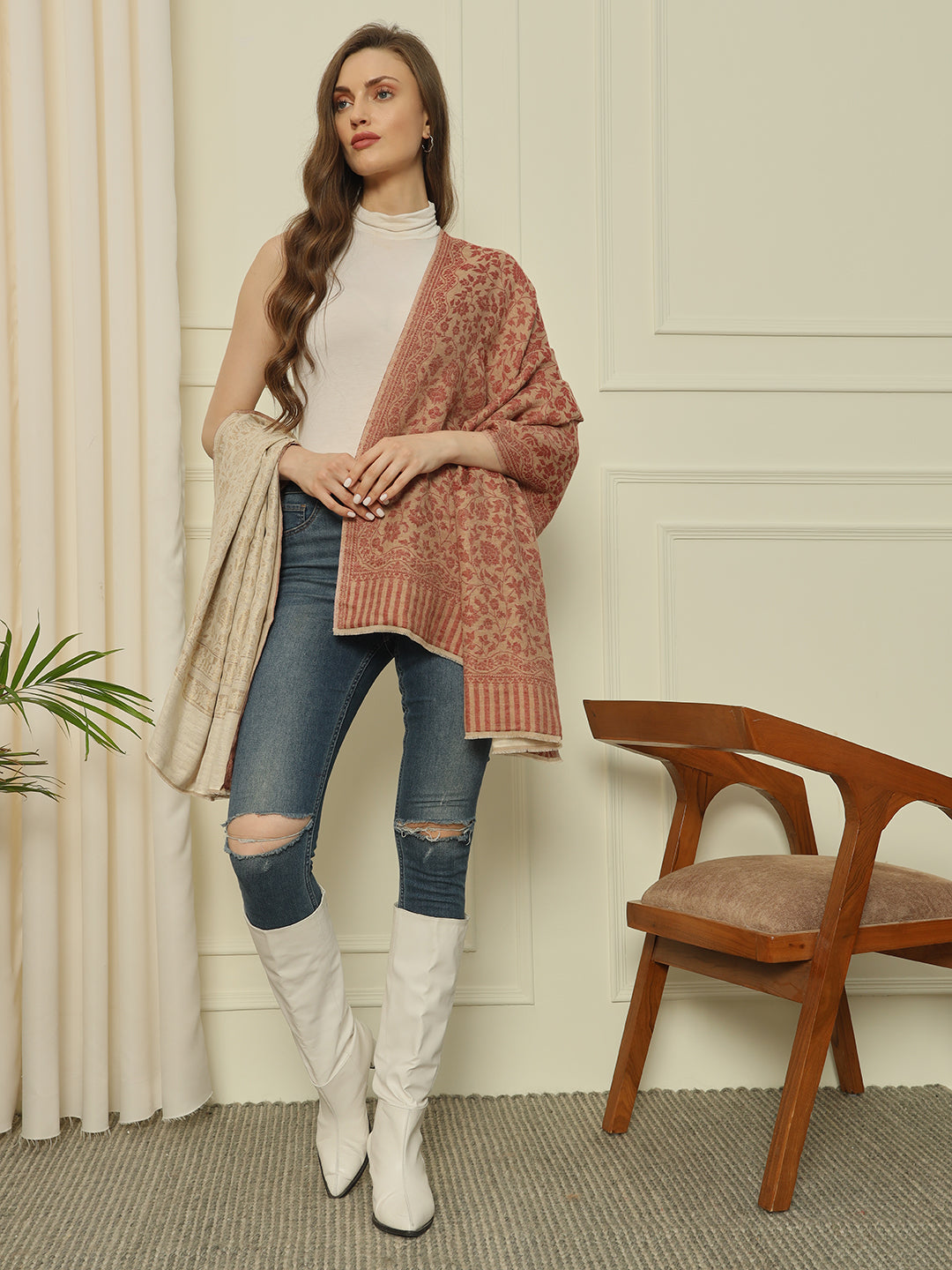 Gulmarg Series: Golden Red Reversible Super Wool Zari Shawl