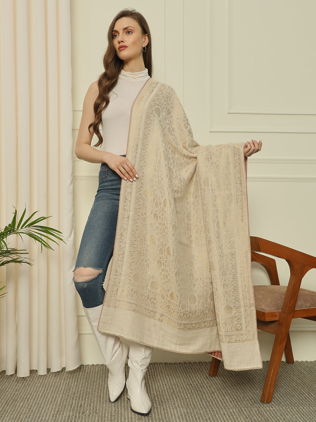 Gulmarg Series: Golden Red Reversible Super Wool Zari Shawl