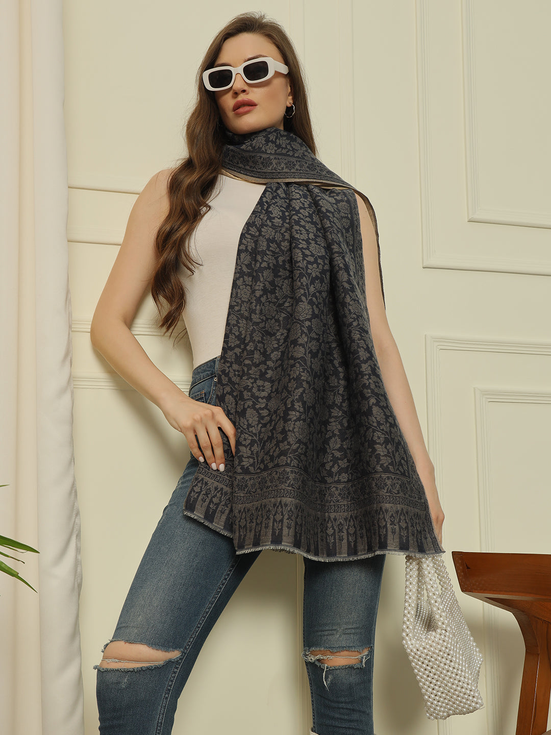 Gulmarg Series: Golden Navy Blue Reversible Super Wool Zari Shawl