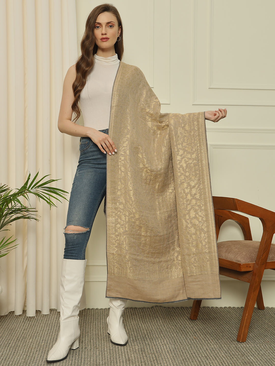 Gulmarg Series: Golden Navy Blue Reversible Super Wool Zari Shawl