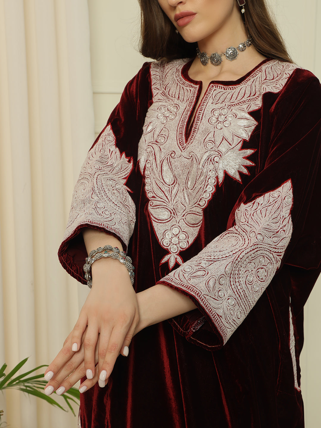 Gulmarg Series: Scarlet Luxe Maroon Velvet Tilla Pheran