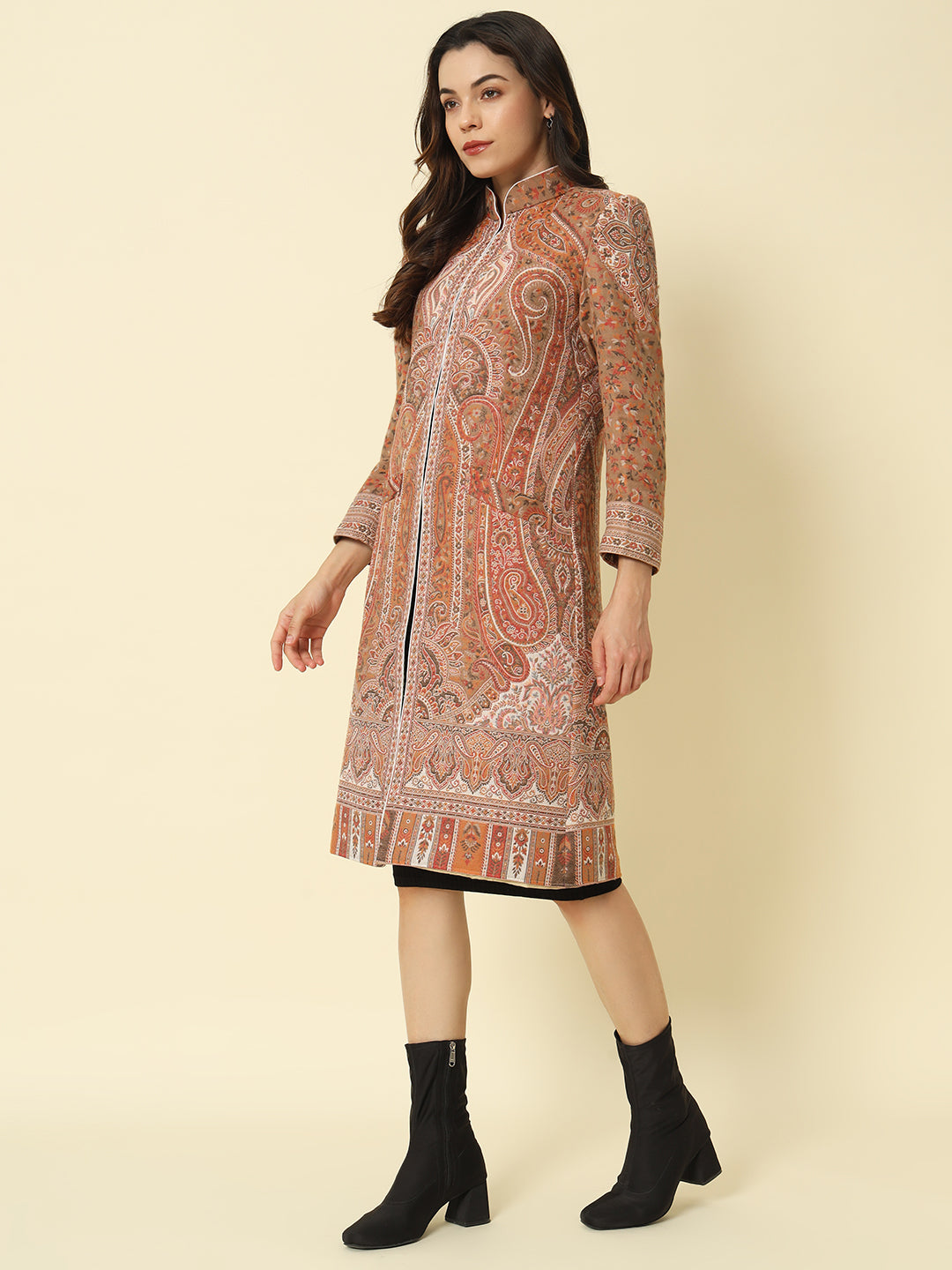 Hazelnut Brown Kashmiri Kani Long Coat
