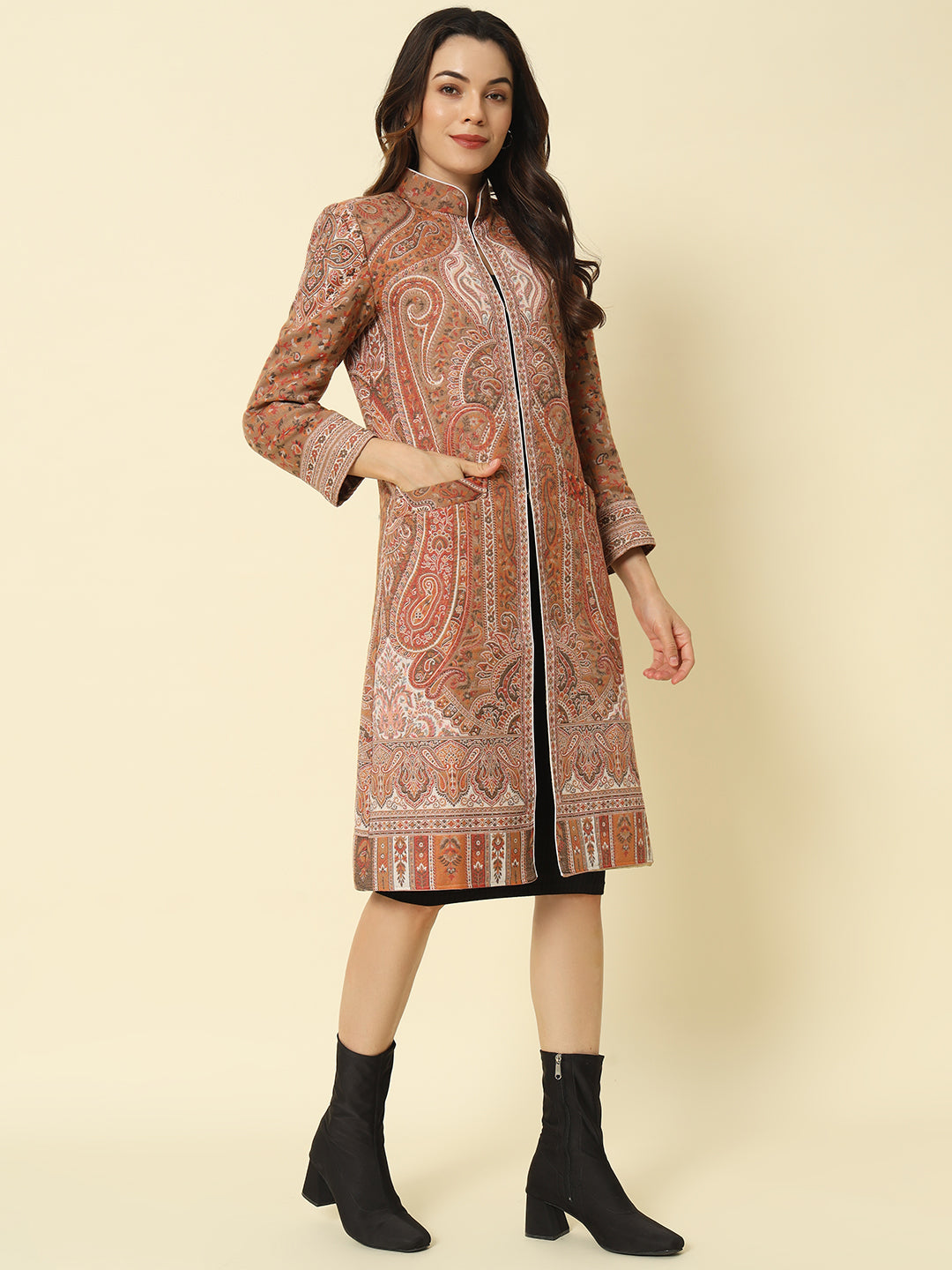 Hazelnut Brown Kashmiri Kani Long Coat