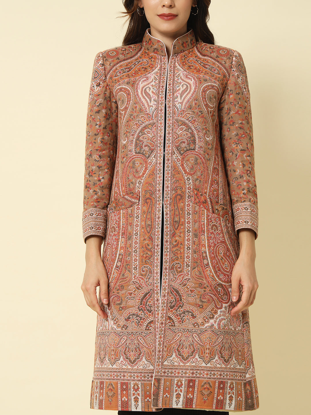 Hazelnut Brown Kashmiri Kani Long Coat