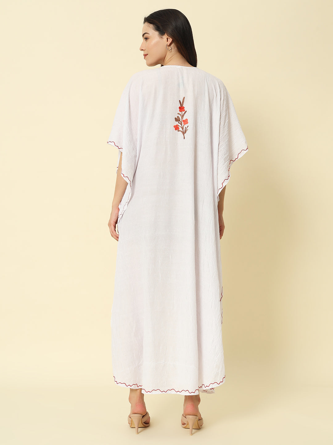 White Cotton Kaftan with Red and Orange Floral Embroidery – THE DAL SERIES