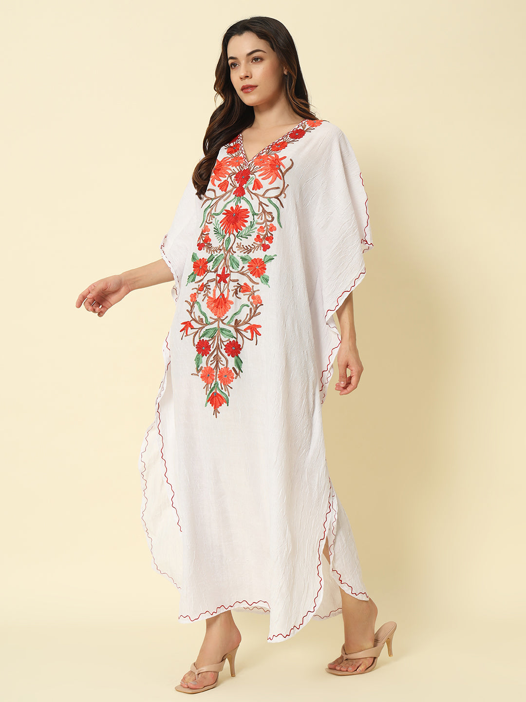White Cotton Kaftan with Red and Orange Floral Embroidery THE DAL SE URFA White Cotton Kaftan with Red and Orange Floral Embroidery THE DAL SE URFA