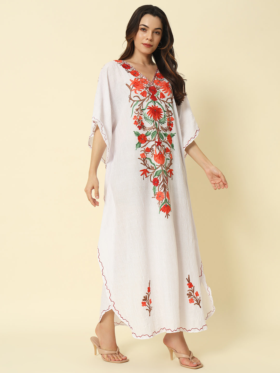 White Cotton Kaftan with Red and Orange Floral Embroidery – THE DAL SERIES