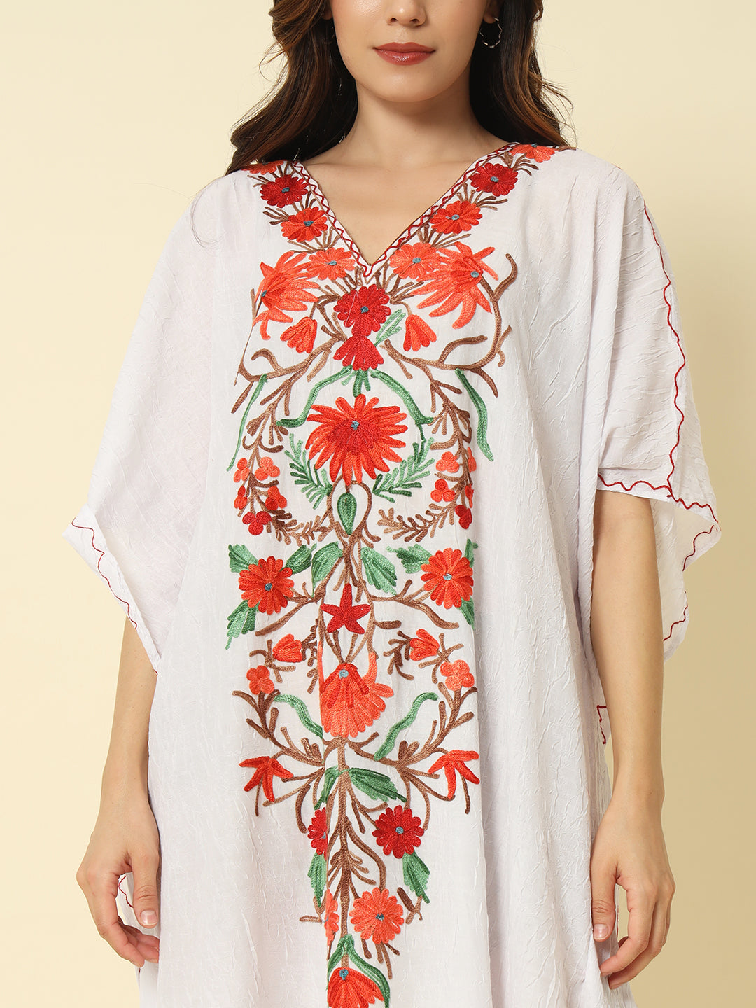 White Cotton Kaftan with Red and Orange Floral Embroidery – THE DAL SERIES
