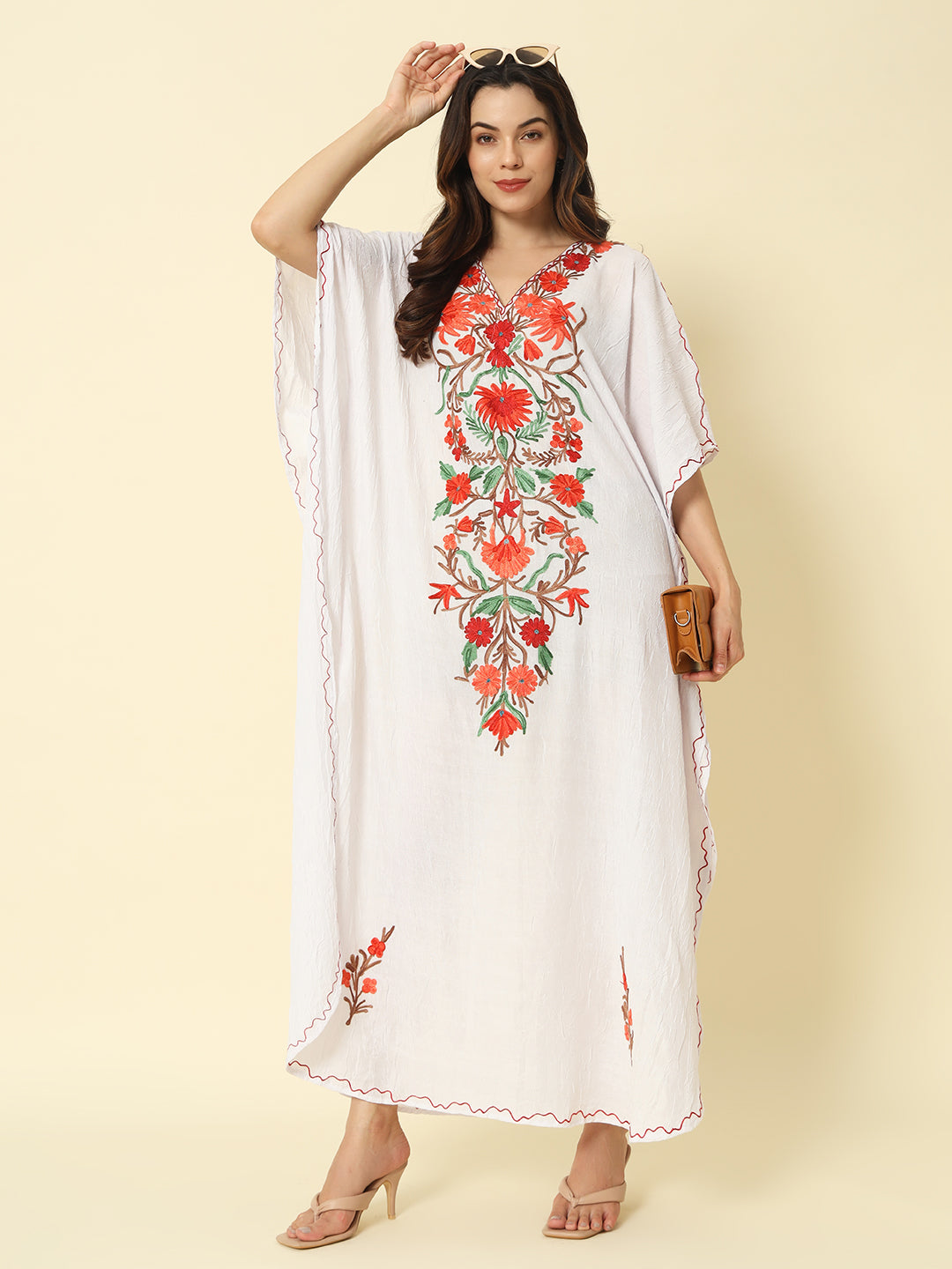 White Cotton Kaftan with Red and Orange Floral Embroidery – THE DAL SERIES