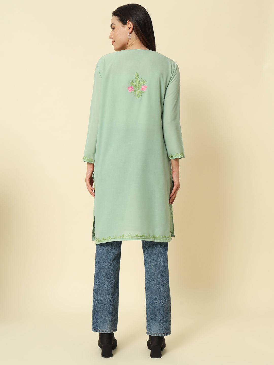 Pistachio Green Cotton Kurti with Pink Floral Aari Embroidery – THE DAL SERIES