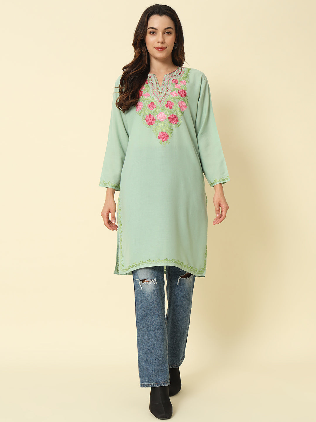 Pistachio Green Cotton Kurti with Pink Floral Aari Embroidery – THE DAL SERIES